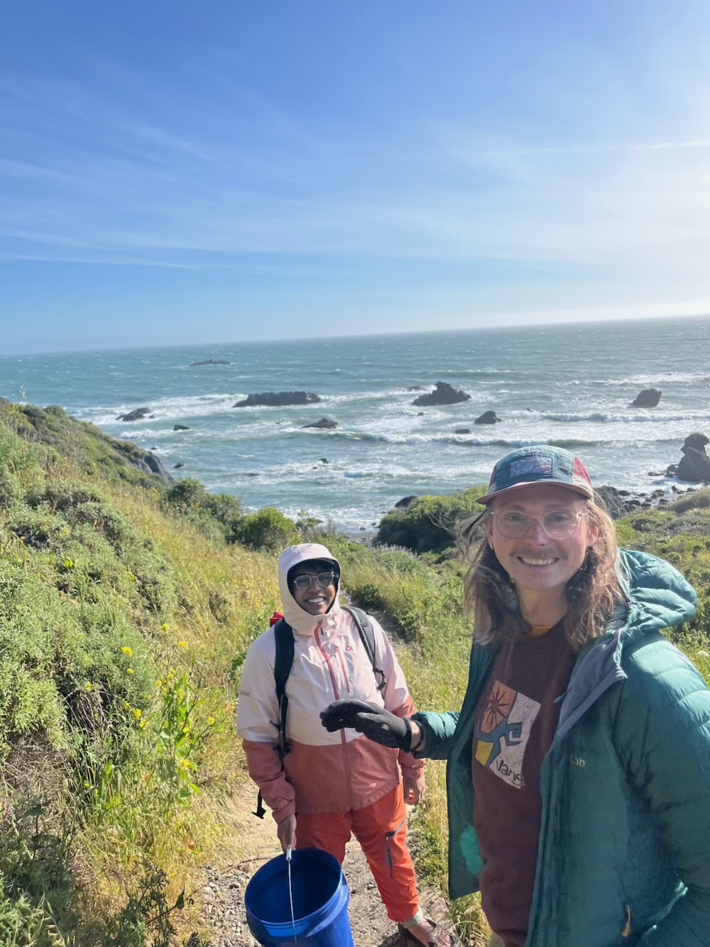 Jessica and Emil hiking along the California coast